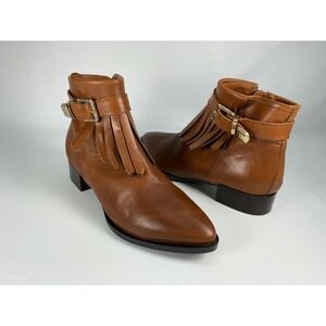 Napoleoni Saddle Brown Leather Fringe Buckle Zip Chelsea Booties 36 US 5.5